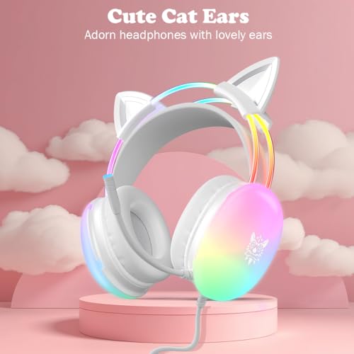 Cat Ear Gaming Headset with Microphone, RGB Rainbow Lighting, Surround Sound, 3.5mm Wired Over-Ear Headphones for PC/PS4/PS5/Switch/Laptop, Lightweight and Adjustable Headband - color: White Cat Ears