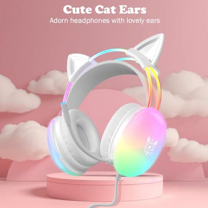 Cat Ear Gaming Headset with Microphone, RGB Rainbow Lighting, Surround Sound, 3.5mm Wired Over-Ear Headphones for PC/PS4/PS5/Switch/Laptop, Lightweight and Adjustable Headband - color: White Cat Ears