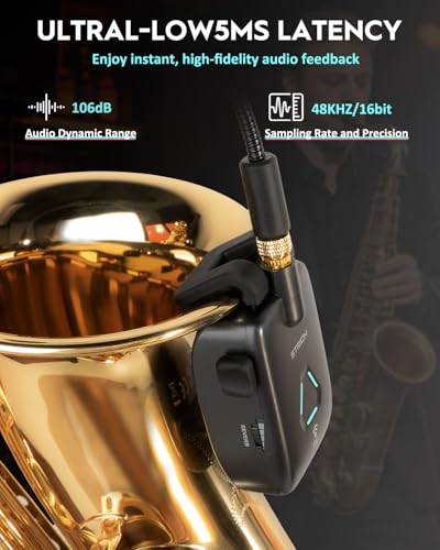 UHF Rechargeable Wireless Instrument Microphone System with Clip-on Transmitter & Receiver, 99ft Range, Reverb OTG Recording, for Trumpet, Trombone, Saxophone & Brass Instruments