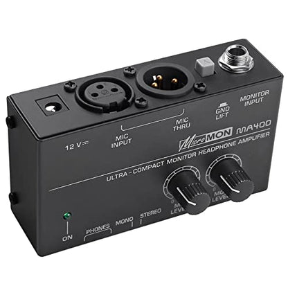 LiNKFOR MA400 Headphone Amplifier for XLR Microphone & Audio Signal with Volume Controls, 6.35mm & 3.5mm Headphone Outputs, Portable with 12V Power Supply