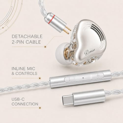 Rosmas HiFi Earbuds with Mic, USB-C Wired Earbuds HiFi Earphones,SM10 Pro 5-Driver Hybrid IEM Earphones, 4BA+1DD Driver System, Detachable 2-Pin Cable, in Ear Monitors for Gaming Music Calls - color: silver&USB-C