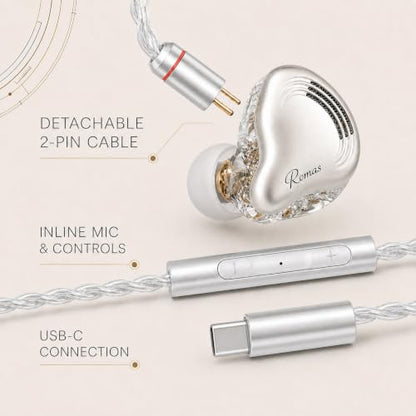 Rosmas HiFi Earbuds with Mic, USB-C Wired Earbuds HiFi Earphones,SM10 Pro 5-Driver Hybrid IEM Earphones, 4BA+1DD Driver System, Detachable 2-Pin Cable, in Ear Monitors for Gaming Music Calls - color: silver&USB-C