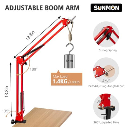SUNMON HyperX QuadCast Boom Arm - Red Boom Arm for Hyper x QuadCast with Red QuadCast Pop Filter, Sound Insulation and Noise Reduction, HyperX QuadCast Microphone Arm with 3/8" to 5/8" Adapter