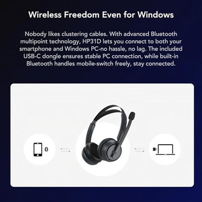 NUROUM HP31D Wireless Headset with Noise Cancelling Mic and Dongle | Charging Stand, Multi-Point, All-Day Comfort, Long Battery Life, One Button Mute, Versatile Connectivity