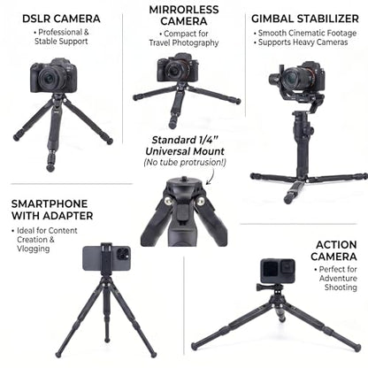 Zeadio Adjustable Camera Tripod, Portable Aluminum Tabletop Travel Tripod, 3-Stage Height Adjustable, 5kg Load Capacity, with 1/4" Mount for DSLR, Gimbal, Smartphone, Action Camera etc - style: Adjustable Version