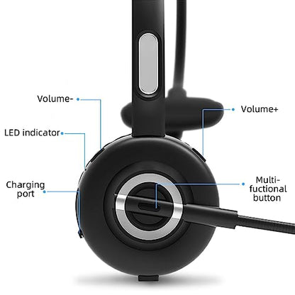 Call Center Headset, Noise Cancelling Comfort 300° Flexible Noise Cancelling Microphone, Bluetooth Headset with 10 M Wireless Range, with Magnetic Charging Base, Suitable for Office Classroom.