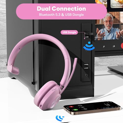 Bluetooth Headset, Wireless Headset with Mic for Work, Bluetooth 5.3, Wireless Headphones with AI Noise Cancelling Microphone (Clear Calls & Mic Mute), USB Dongle, for Computer/PC(Pink) - color: Pink
