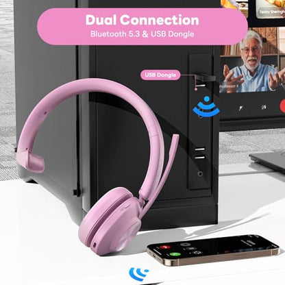 Bluetooth Headset, Wireless Headset with Mic for Work, Bluetooth 5.3, Wireless Headphones with AI Noise Cancelling Microphone (Clear Calls & Mic Mute), USB Dongle, for Computer/PC(Pink) - color: Pink