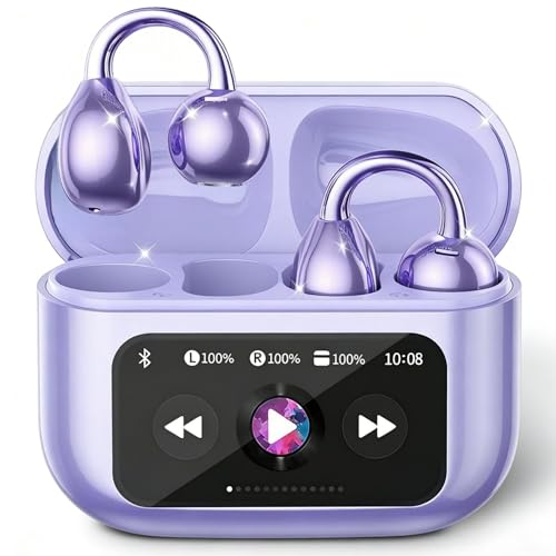 M100 Clip On Earbuds with Touchscreen Case , Open Ear Wireless Headphones for Glasses & Small Ears ,50H Total Battery, Bluetooth 6.0, IPX7 Waterproof,Ultra-Light 4g for Running & Workouts,purple - color: Purple