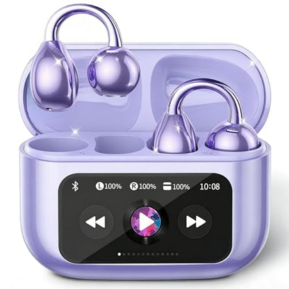 M100 Clip On Earbuds with Touchscreen Case , Open Ear Wireless Headphones for Glasses & Small Ears ,50H Total Battery, Bluetooth 6.0, IPX7 Waterproof,Ultra-Light 4g for Running & Workouts,purple - color: Purple