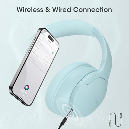 DOQAUS Bluetooth Headphones Over Ear, Headphones Wireless with 90H Playtime | 3 EQ Modes, Bluetooth 5.3 Wireless Headphones with Hifi Stereo Sound, ENC Mic, Foldable for Travel Work Study Phone PC, Blue - color: Light Blue