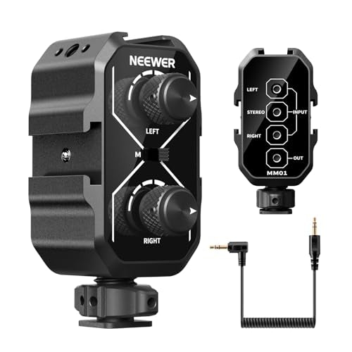 NEEWER MM01 Dual Channel Microphone Audio Mixer Adapter with 3.5mm TRS Cable, Stereo/Mono Switch, Cold Shoe Mounts for DSLR Camera, Smartphones, Battery Powered Microphones for Video Recording