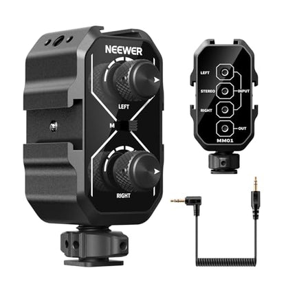 NEEWER MM01 Dual Channel Microphone Audio Mixer Adapter with 3.5mm TRS Cable, Stereo/Mono Switch, Cold Shoe Mounts for DSLR Camera, Smartphones, Battery Powered Microphones for Video Recording