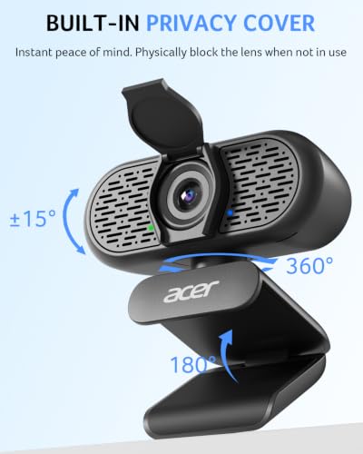 Acer 1080p Webcam USB Plug and Play Webcam for PC with Noise Cancellation Microphones Computer Camera for Desktop Streaming Gaming Online Meeting Wide Angle Privacy Cover A-to-C Adapter Easy Setup - color: Black