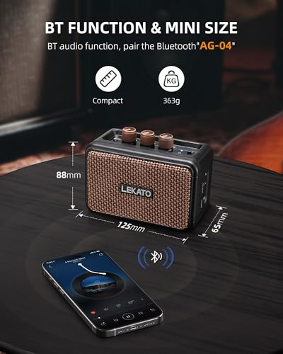 LEKATO Mini Guitar Amplifier, Dual Speakers 5W, Rechargeable Electric Guitar Amp Bluetooth with Clean Overdrive, 6H Working, Headphone Jack, Portable Small Amp for Practice AG-04 (Brown) - color: Brown