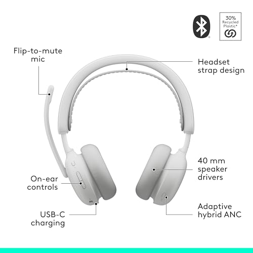 Logitech Zone Wireless 2 ES Noise Canceling Headset - Off-White | Adaptive Hybrid, Bluetooth connectivity, noise-canceling technology, Wireless - color: Off White, style: Wireless