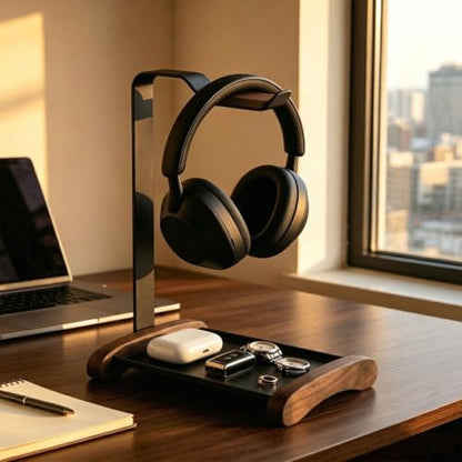 Headphone Stand for Desk with Storage Tray, Walnut Wood Headset Holder and Desktop Organizer for Headphones, Keys, Watches & Accessories, Home Office and Gaming Setup