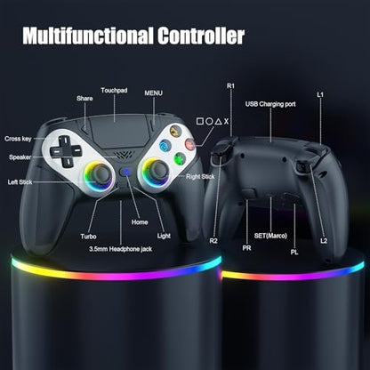Gamrombo LED Wireless Controller for PS5, Compatible with PS5 Pro/Slim/PC, Dual Vibration, Macro/Turbo Function, 3.5mm Audio Jack, 6-Axis Motion Control Gamepad with Speaker(Black) - color: Black