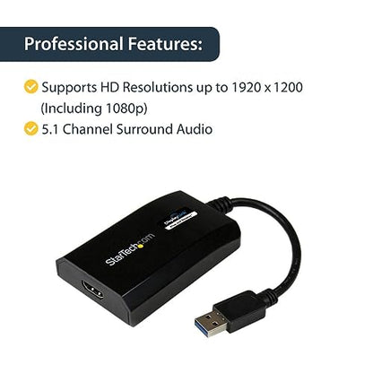 StarTech.com USB 3.0 to HDMI Adapter - DisplayLink Certified - 1080p (1920x1200) - USB Type-A to HDMI Display Adapter Converter for Monitor - External Video & Graphics Card - Windows/Mac (USB32HDPRO) | USB 3.0, Single display, 5.1ch audio, Auto driver ins