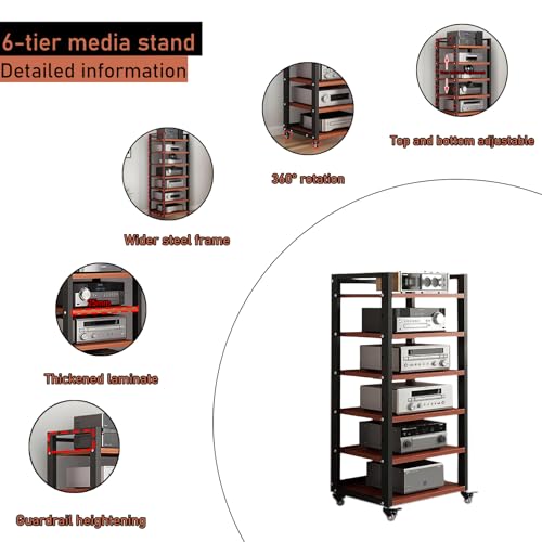 6 Tier Audio Rack Tower, CD Record Player Stereo Receiver AV Equipment Cabinet Display Rack, Weight Capacity 661 lbs, with Adjustable Wooden Shelves for Home (6 Tier Teakwood) - size: 6 Tier Teakwood