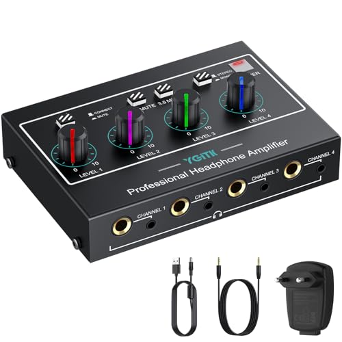 Headphone Amplifier with Light, 4 Channel Mono/Stereo Audio Amplifier with Power Adapter 3 Input Mute & Audio Mixer, Ultra-Compact Headphone Amp Splitter 1/4" & 1/8" TRS Output for Studio - color: Black with Light