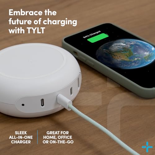 TYLT Hub 100W Multi-Port Power Charging Station, Compact Wireless Fast Charger with 3 USB-C Ports and 1 USB-A Port for MacBook, iPhone, iPad, and Qi Compatible Devices, White