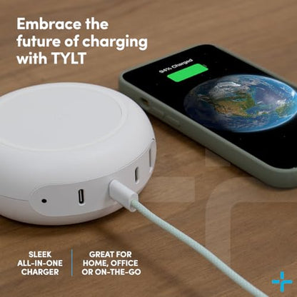 TYLT Hub 100W Multi-Port Power Charging Station, Compact Wireless Fast Charger with 3 USB-C Ports and 1 USB-A Port for MacBook, iPhone, iPad, and Qi Compatible Devices, White