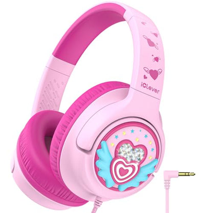 iClever C371 아동용 헤드폰 코드 포함, 남학생 여아 여행 선물 | SafeSound Tech3.0, 스테레오 사운드, 3.5mm 잭, 접이식, 내구성 있는 헤드밴드, 아동용 안전 유선 헤드폰, 마카롱 핑크 - color: A-마카롱 핑크