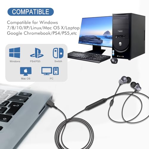 GEVO USB Earbuds with Microphone for PC Laptop, Wired USB Computer in-Ear Headphone 2M/6.6FT Wired Earphones with Volume Controls & Mute Fuction Noise Cancelling Mic for Office Live Gaming Headset