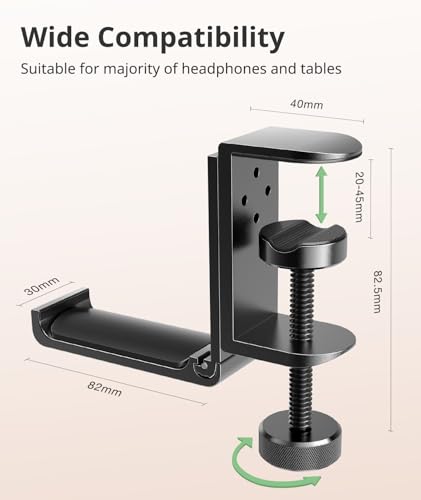 Kimiangel Headphone Stand Under Desk, Foldable Aluminum Headset Holder with Adjustable Screw Clamp, Headphone Hook Mount for Gaming Accessories, Space-Saving Under Table Headset Hanger