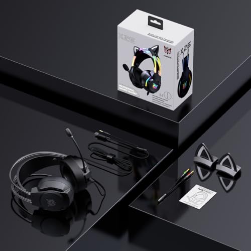 Gaming Headset with Microphone, Cat Ear Headphones for PC Laptop PS4 PS5 Xbox Switch, Rainbow RGB Lighting & Virtual Surround Sound, 3.5mm Wired Over Ear Headphones, Ergonomic - color: Black Cat Ear