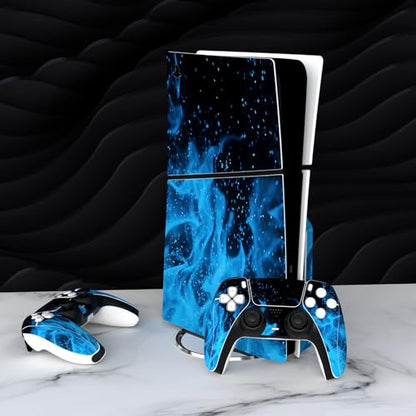 PlayVital Full Set Skin Sticker for ps5 Slim Console Disc Edition (The New Smaller Design), Vinyl Skin Decal Cover for ps5 Controller & Headset & Charging Station & Media Remote - Blue Flame - color: Blue Flame