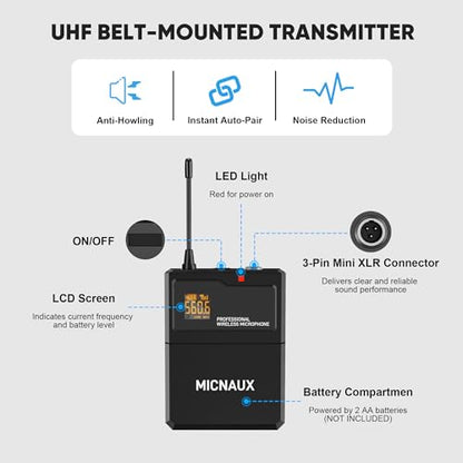 Lapel Wireless Microphone System with Headset & Lavalier Mics, Pro 8 Channel UHF Mics Set with Bodypack Transmitter & Metal Receiver, 200 Adjustable Frequency, 300ft Range for Church, Party - size: 8 Channel