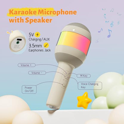 Wireless Karaoke Machine Portable Bluetooth Microphone with LED Light | Best Chritmas Birthday Festival Party Gift for Adults 3 4 5 6 7 8 9 10 11 12+ Year Old Girls Boys Kids (Beige) - color: Beige
