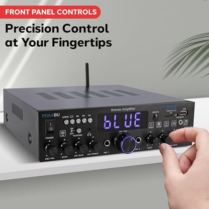 Wireless Bluetooth Home Stereo Amplifier - Multi-Channel 200W Power Amplifier Home Audio Receiver System w/Optical/Phono/Coaxial, FM Radio, USB/SD,AUX,RCA, Mic in - Antenna, Remote - Pyle PDA4BU - color: Deep Black