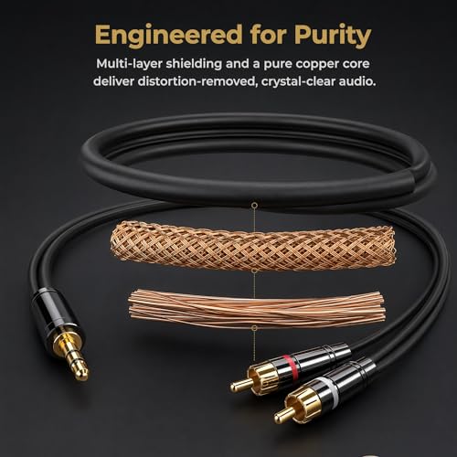 3.5mm to RCA Cable 10FT — OFC Gold-Plated 1/8 Inch Stereo Aux Y Splitter Cord for iPhone iPad Android Laptop to Car Stereo Home Theater Amplifier Receiver Speaker