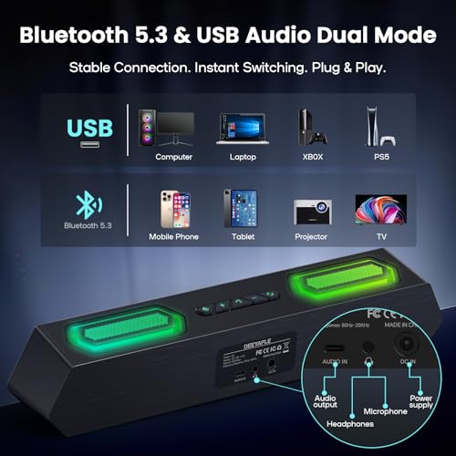 Deeyaple Computer Speakers, 40W Wireless Soundbar for Desktop PC with Bluetooth 5.3 & USB Audio, Software Custom EQ, Dynamic RGB Lighting, External Power Adapter Gaming Speakers, Laptop, Xbox (Black)