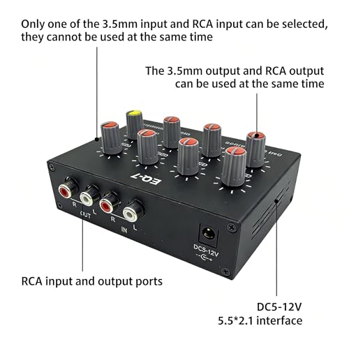 EQ-7 Mini 7 Band Equalizer and Headphone Amp, RCA 3.5mm Input | TL074 and NE5532 chips, level knobs, 16 to 600 ohm drive, for home audio, speaker, and gaming setups.