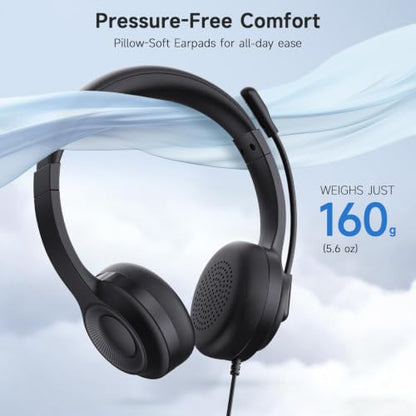 AOC USB Headset with Microphone for PC, On-Ear Wired Headphones with Mic | with Noise-Cancelling, 40mm Audio Drivers, USB-A Computer Headset for Office, Teams, Call Centers & Online Meetings (Black)