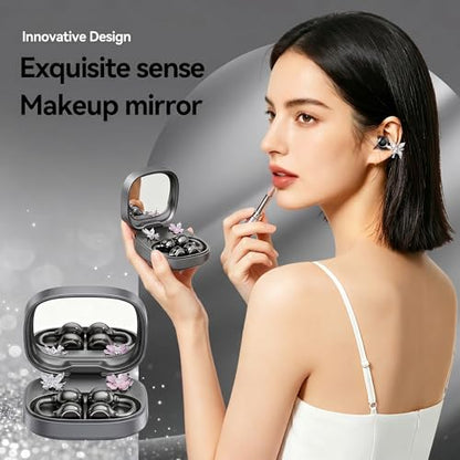 Open Ear Wireless Earbuds for Women with Makeup Mirror Charging Case, Clip-on Bluetooth 6.0 Headphones with Spatial Audio, Includes Flower & Butterfly Earrings, Long Battery Life (Black) - color: Black