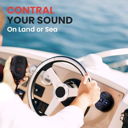 Marine Bluetooth Receiver Microphone Kit - Waterproof Audio Entertainment System Set w/ 2-Channel Wireless BT Controller, Handheld Broadcasting Mic - Car, Truck, ATV, UTV, 4x4, Boat