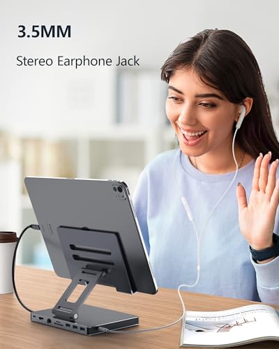 iPad USB C Hub Stand, 9-in-1 Multiport Adapter for iPad Pro M4 M3 M2 13 12.9 11 Inch Docking Station Foldable with 4K60Hz HDMI, RJ45 Gigabit Ethernet, SD/TF Card Reader, USB 3.0, 3.5 mm Audio