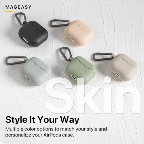 MAGEASY Skin Case for AirPods 4 (2024) with Carabiner Clip, Shockproof Protective TPU AirPods 4th Generation Cover, Stain-Resistant, Smooth Soft-Touch, Wireless Charging Compatible (Black) - color: Black, size: AirPods 4