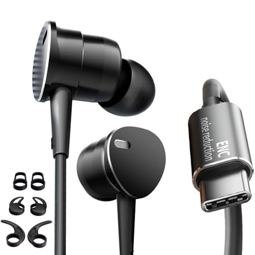 Type C Wired Headphones Deep Bass Earbuds with Noise Cancelling,Magnetic | In-Ear Wired Earphones USB C Headset with Microphone,Stereo Heavy bass ear bud with Sport Ear Hooks,Magnetic Anti-Tangle