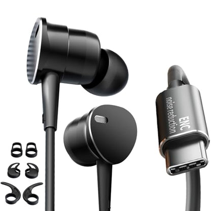 Type C Wired Headphones Deep Bass Earbuds with Noise Cancelling,Magnetic | In-Ear Wired Earphones USB C Headset with Microphone,Stereo Heavy bass ear bud with Sport Ear Hooks,Magnetic Anti-Tangle