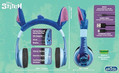 Disney Stitch Bluetooth Headphones for Kids, Wireless Headphones for School | Volume Reduced and Built-in Microphone - color: Stitch