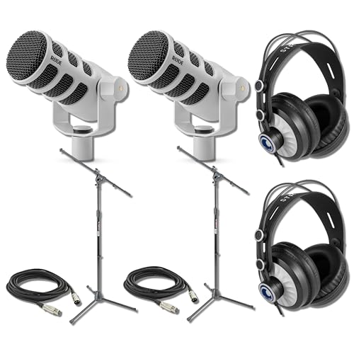 Rode PodMic White Dynamic Broadcast Mic (Pair) Two-Host Podcast Bundle with 2X On-Stage MS7701B Tripods, 2X Cans50 Headphones, and 2X 20-Foot XLR — Cardioid XLR for Podcasting, Streaming, Interviews