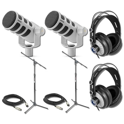 Rode PodMic White Dynamic Broadcast Mic (Pair) Two-Host Podcast Bundle with 2X On-Stage MS7701B Tripods, 2X Cans50 Headphones, and 2X 20-Foot XLR — Cardioid XLR for Podcasting, Streaming, Interviews