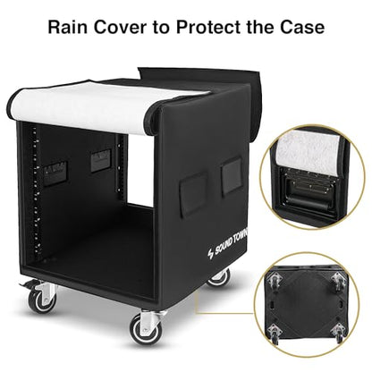 Sound Town 12U PA/DJ Rack/Road Case with 12-Space, Industry-Grade 0.7" (18mm) Plywood with Polyurea Coating, Rain Cover, Casters, 21.7" Rackable Depth - Pro Tour Grade (STRCP-12UW) - size: 12U with 21.7" Depth, Rain Cover, Casters