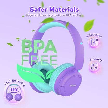 iClever BTH22 Kids Bluetooth Headphones for Toddler Travel, 60H Play Time | SafeSound Tech3.0, Stereo Sound, USB C Fast Charging, AUX Cable, Kids Wireless Headphones for Girls/Boys/Tablet/PC/School - color: A-Purple